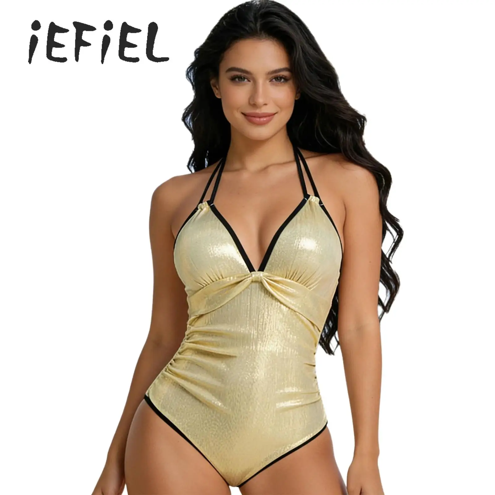 

Women One-piece Bikini Swimsuit Shiny Gloss Halter Tie-up Style Ruched Bathing Suit Summer Beach Vacation Swimming Diving Suit