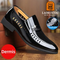 LAORENTOU genuine leather hollow breathable hole shoes, men's cowhide business dress leather shoes, pointed commuting shoes