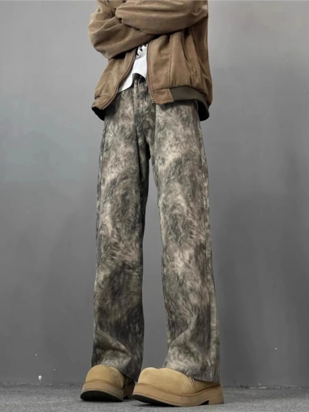 Tie Dye Coffee Color Men's Jeans Spring Autumn High Street Vibe Knife Design Straight Leg Micro Flare Trendy Jeans