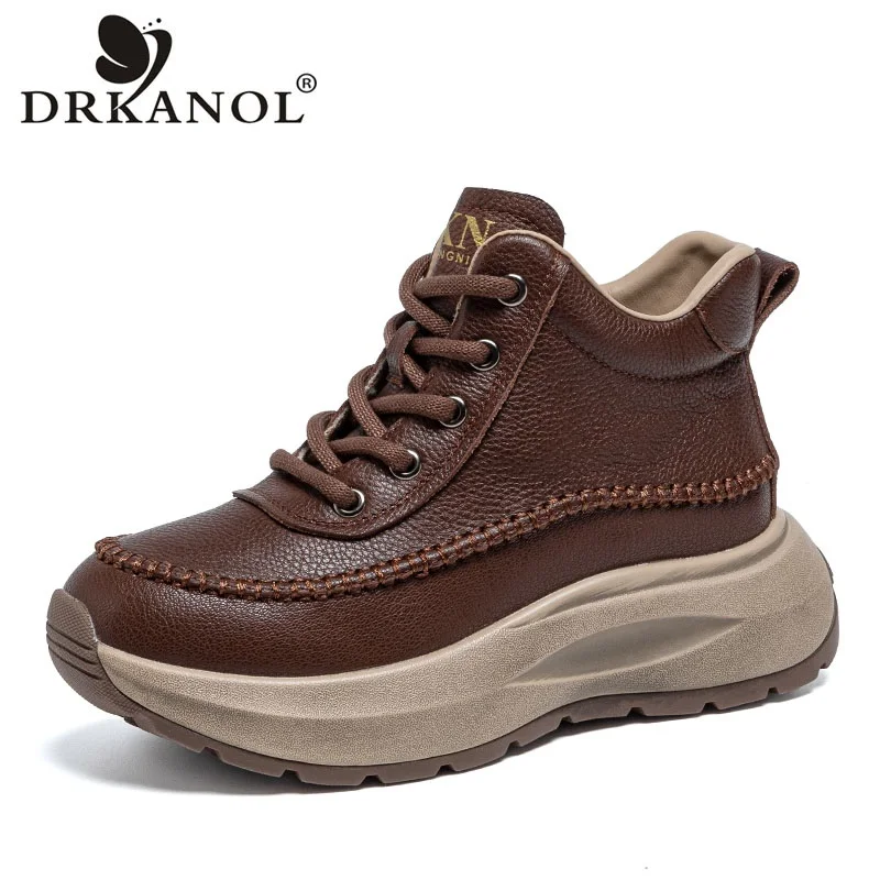 

DRKANOL Fashion Women Chunky Platform Short Ankle Boots Autumn Winter Thick Sole Warm Shoes Genuine Leather Casual Ankle Boots