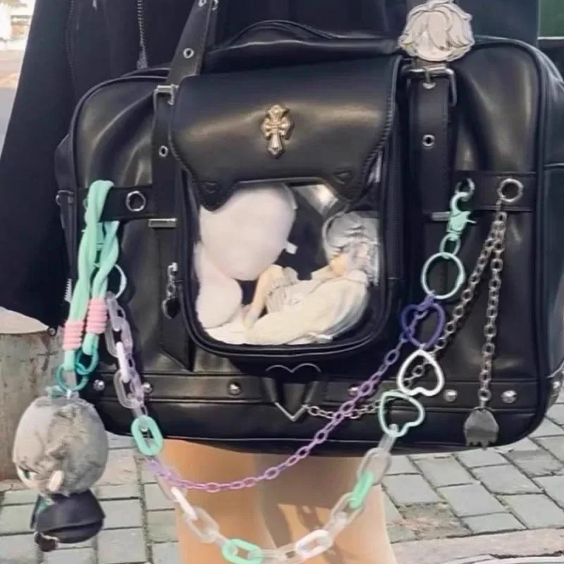Tas Ransel Hitam Harajuku untuk Wanita, Tas Tangan Transparan Kapasitas Besar yang Manis dan Keren, Tas Ransel Wanita Jepang Y2k yang Chic, Bolsas