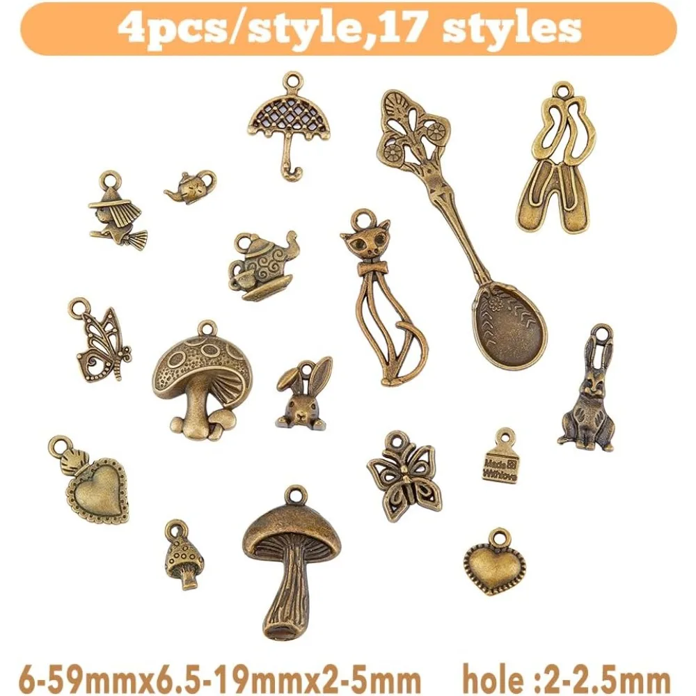 68Pcs Alice in Wonderland Charms Bulk Mixed Style Fairy Charms Antique Bronze Alloy Pendants Rabbit/Mushroom/Umbrella Pendant view 2
