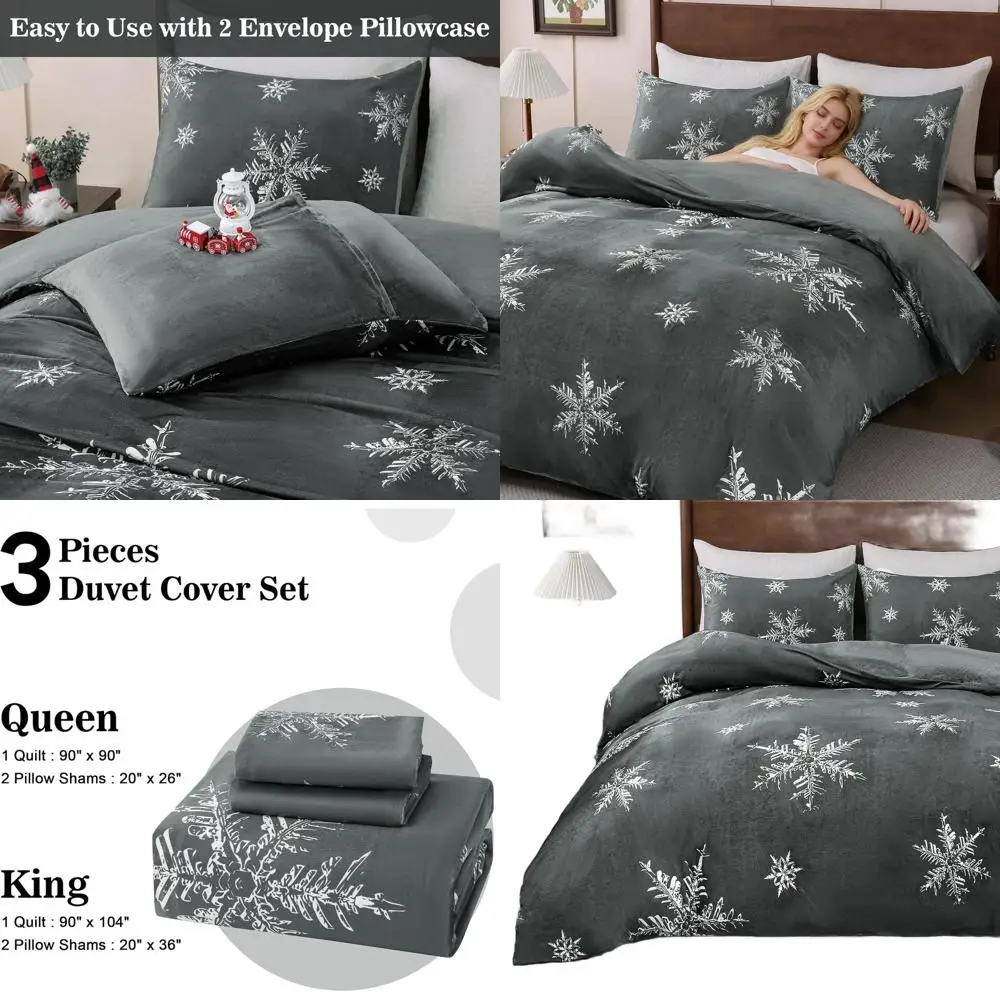 

Комплект пододеяльников Queen Size из 3 предметов с кристаллами и бархатными снежинками — мягкое роскошное рождественское постельное белье, серый, 90 x 90