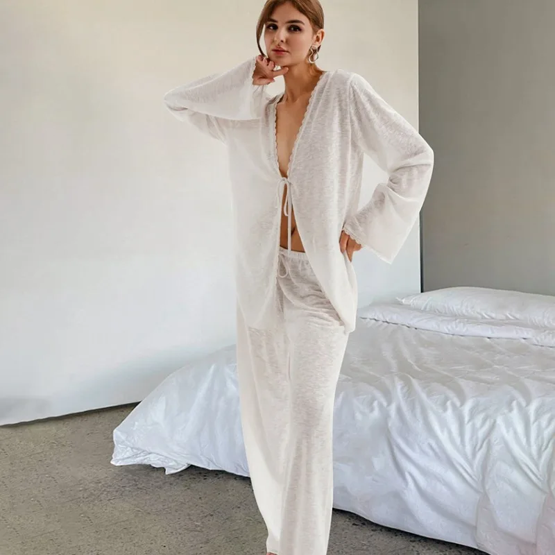Wholesale Women's Comfortable Pajamas Set Autumn Long Sleeved Knitted Lace-Up Loungewear Trousers European American Style