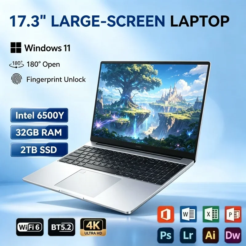 17.3 Inch Portable Laptop Intel 6500Y Windows 11 32GB RAM 2TB SSD Fingerprint Unlock Notebook For Travel Work And Gaming