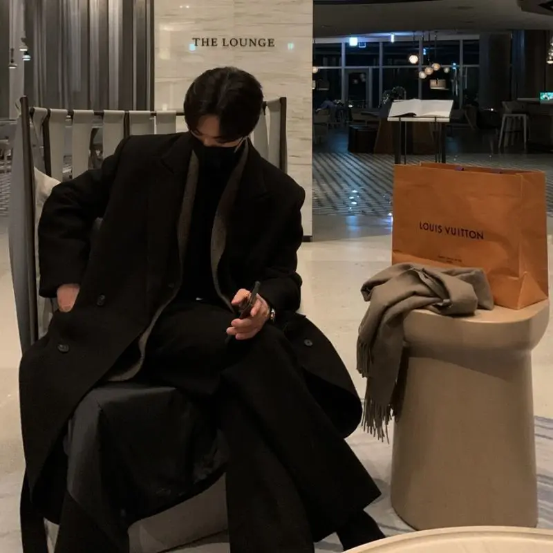 

Wool Blend Maxi Coat Mans Bishop Sleeve Gathered Cuff Full Loose Baggy Roomy Spacious Ample Generous Commodious Capacious Warmer