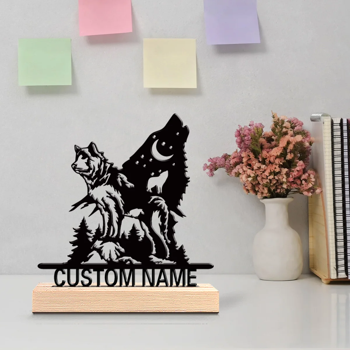 1pc Fashion wolf Customizable Name Tin Statue Metal Ornament Crafts With Wood Base Iron Statue With Wood Base For Children Gifts
