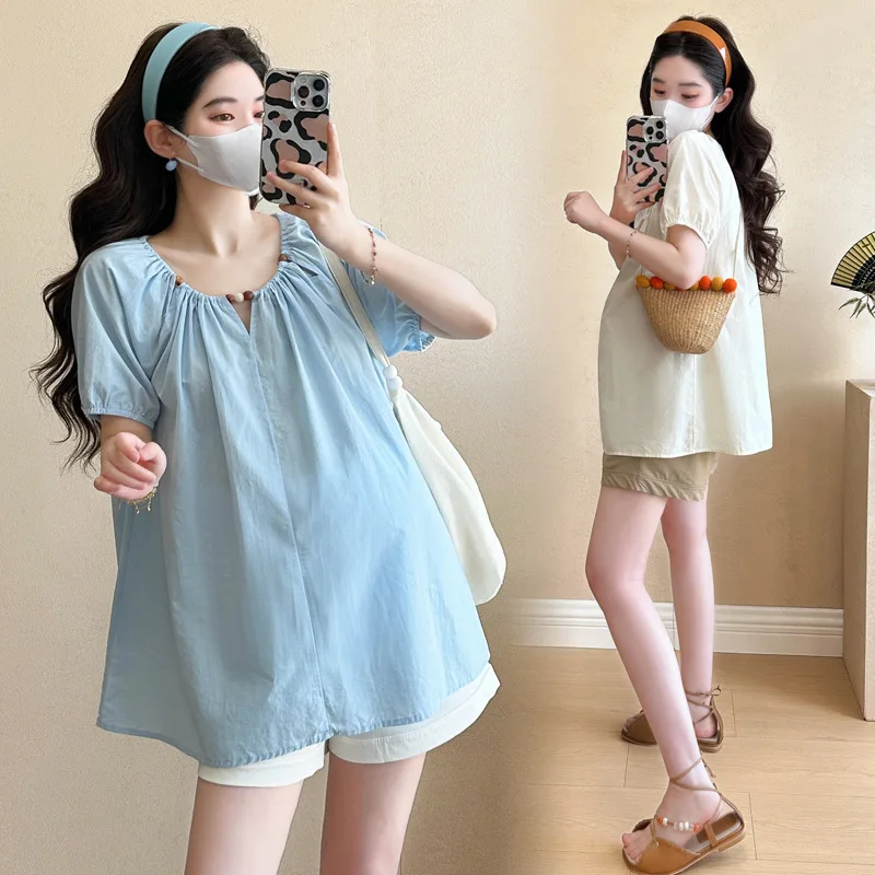 Maternity Set 2026 Summer New Sweet Cute Breathable Comfortable Short Sleeve Doll Shirt And Shorts Two Piece Set For Pregnancy - view 3