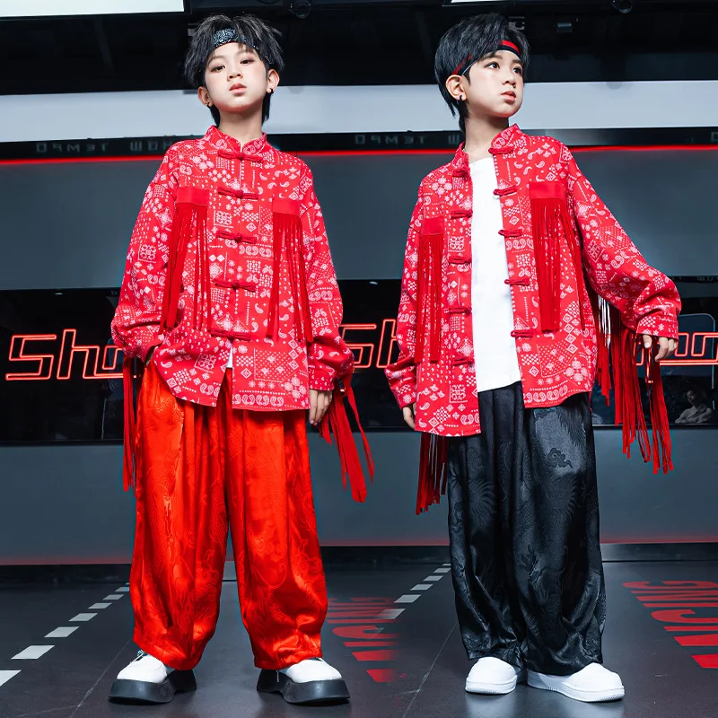 Kid Cool Chinese Hip Hop Clothing Red Fringe Geometry Print Shirt Casual Wide Pleated Pants for Girl Boy Dance Costume Clothes