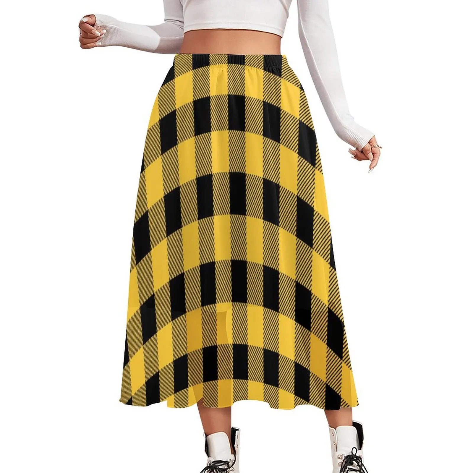 Yellow Gold Plaid Skirt Ladies Checkerboard Cute Boho Skirts Graphic Elastic Waist Korean Fashion A-line Skirt 2XL 3XL 4XL