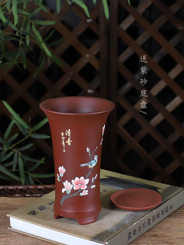 Hand Painting Chinese Flower Pattern Ceramic Bonsai Vase, Plant Pot, Garden, Office, Room, Table Decoration