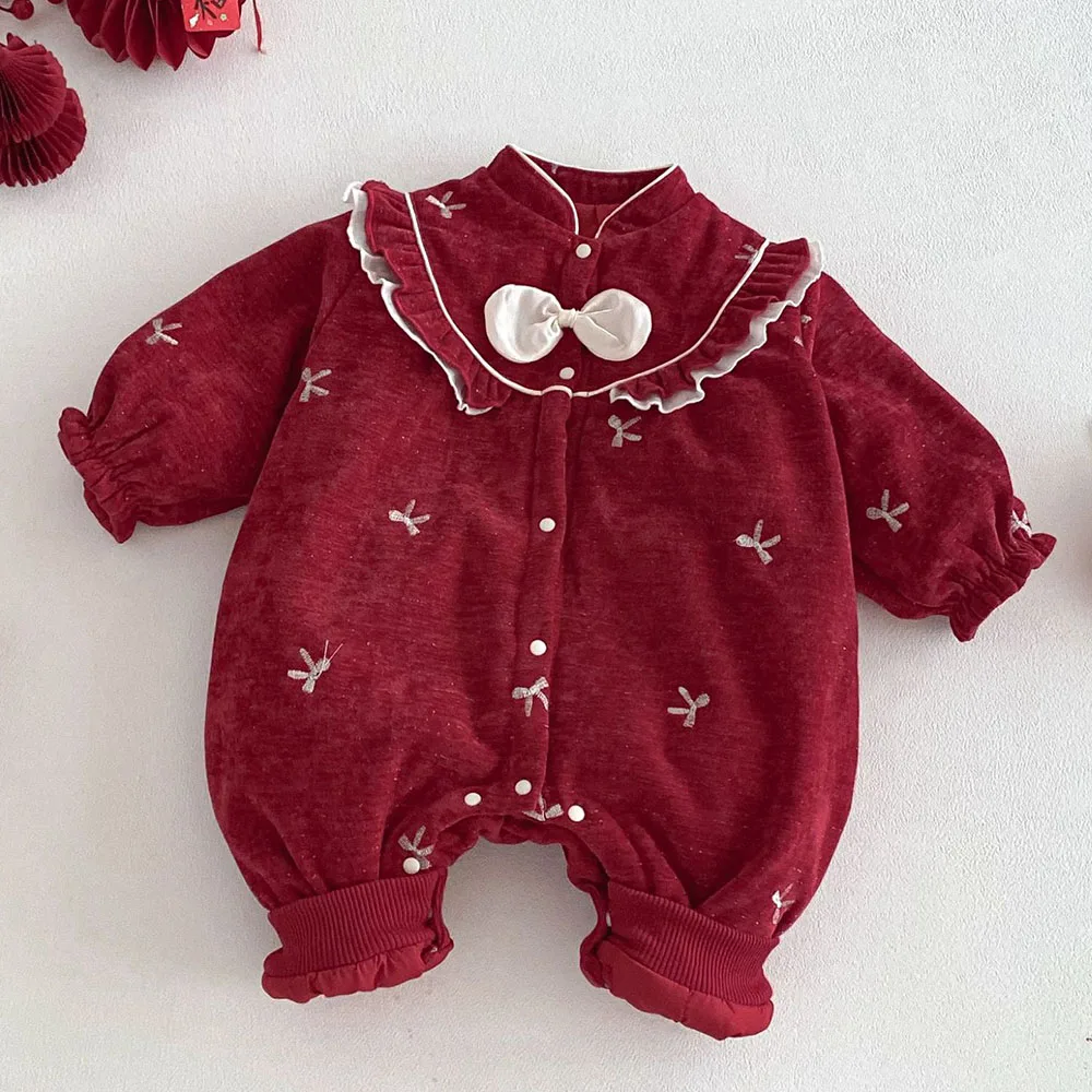 

Детский первый рождественский комбинезон красного цвета, теплая зимняя эксклюзивная одежда для младенцев, новогодний комбинезон в китайском стиле для маленьких девочек