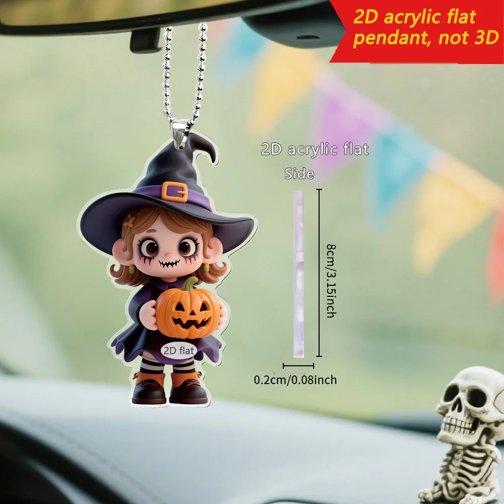 4/2 Pieces of Randomly Assorted 2D Flat-Printed Acrylic Halloween-Themed Decorative Pendants: Witch Hat, Sickle, and Pumpkin Cartoon Characters with Silver Chains — Suitable for Car Keychains, Home Decoration, and Holi