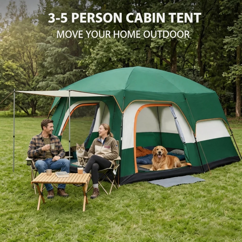 Carpa de Camping Hexagonal Portátil para Exteriores, de Apertura Rápida Automática, con Estructura de Dos Habitaciones y Sala de Estar, para Familias de 3-5 Personas