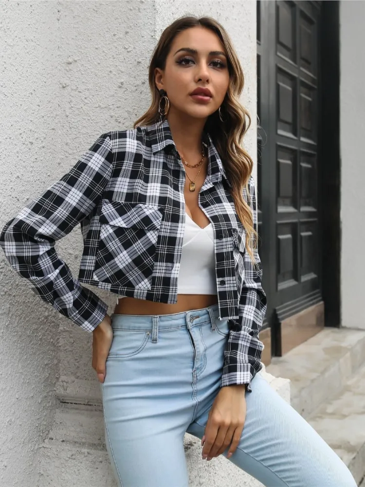 Chemise à carreaux à manches longues pour femmes, cardigan court, veste fine, revers court, poche, mode printemps et automne, nouveau