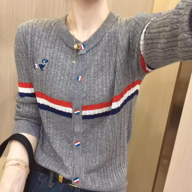 سترة نسائية محبوكة كبيرة الحجم للخريف والشتاء مخططة ملونة بطبقة أساسية أنيقة شبابية مستديرة طويلة... #1