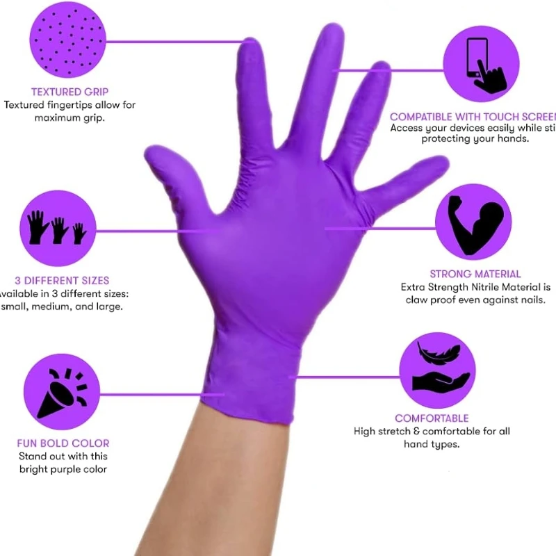 20/50/100PCS Purple Disposable Nitrile Gloves Waterproof Non-Slip Glove for Work Kitchen Household Cleaning Beauty Salon Haircut