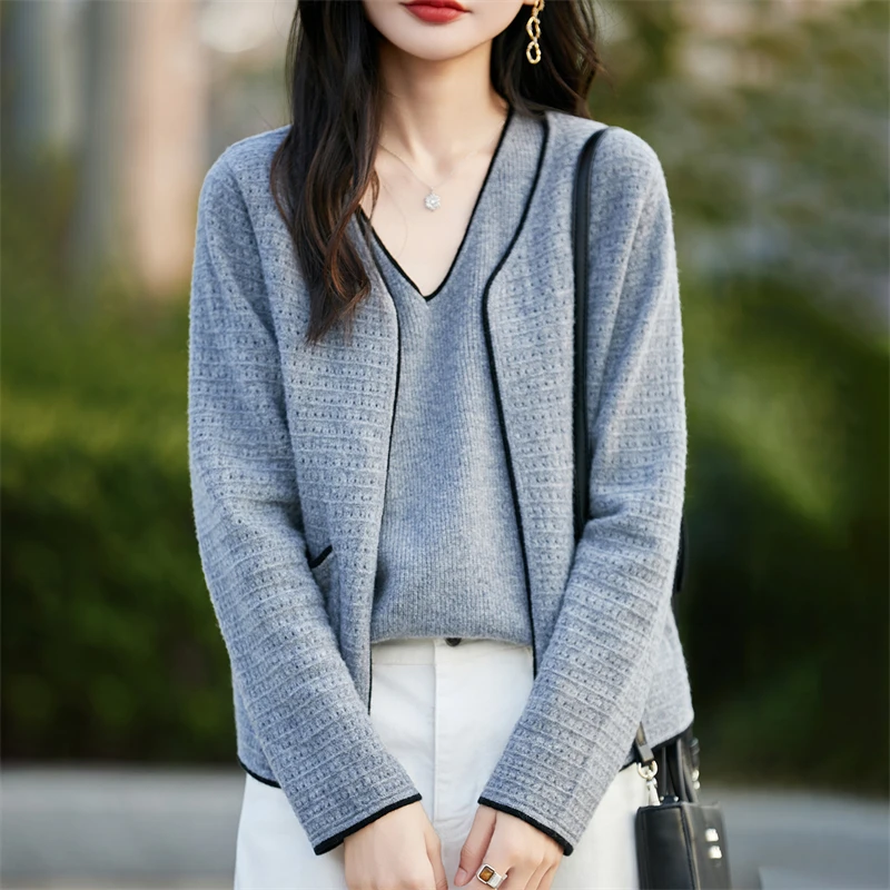 100% pure cashmere cardigan camisole two-piece loose color matching small fragrance cashmere suit female