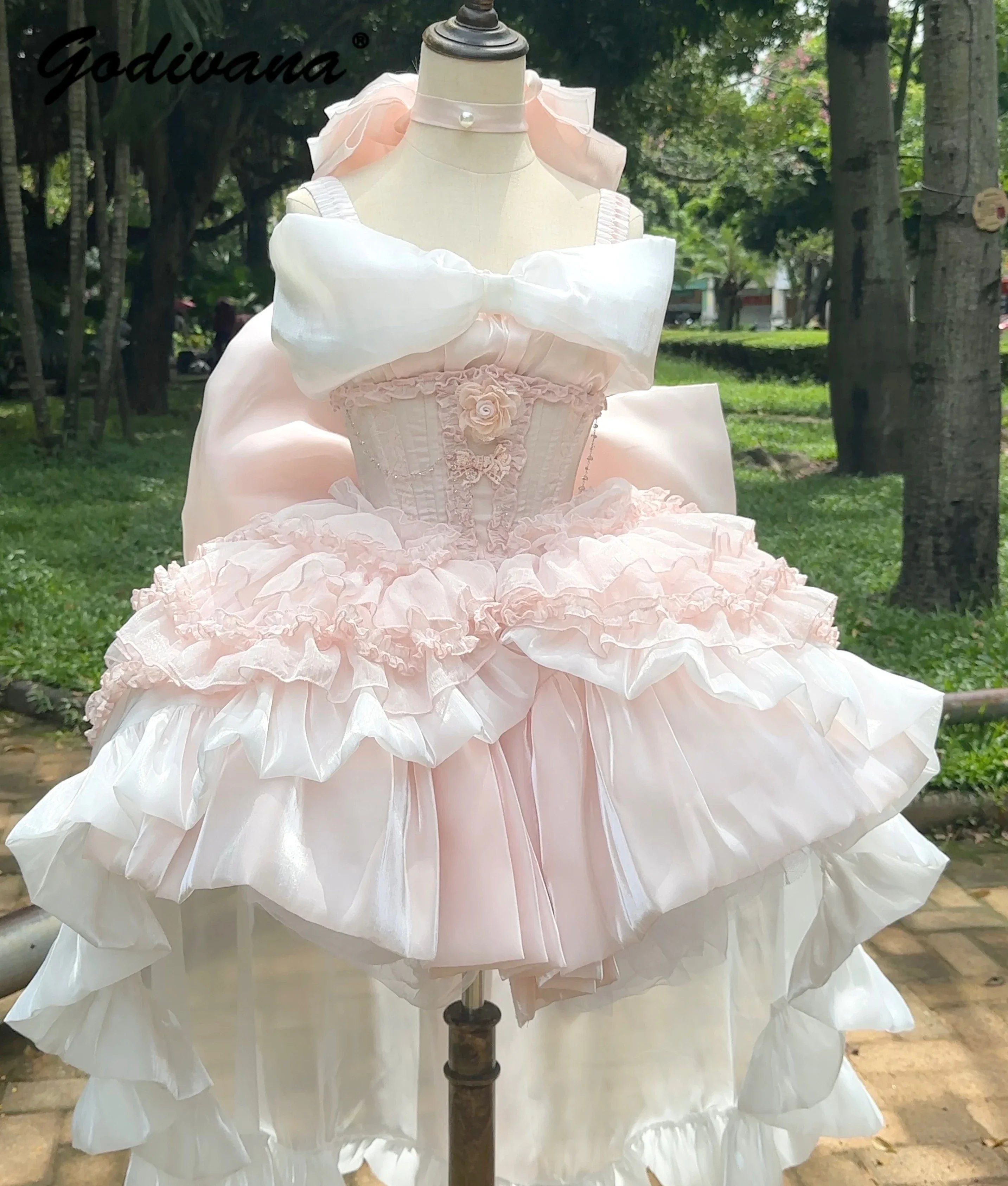 

French Style Ladies Fairy Pink Strapless Dress 2024 Spring Summer Lolita Big Bow Princess Puff Short Party Evening Dresses