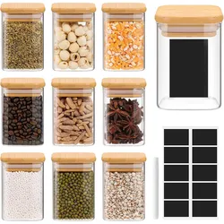 9Oz Glass Spice Jars with Bamboo Lids-Small Square Storage Jars Clear Pantry Glass Canister for Kitchen Coffee Sugar Flour
