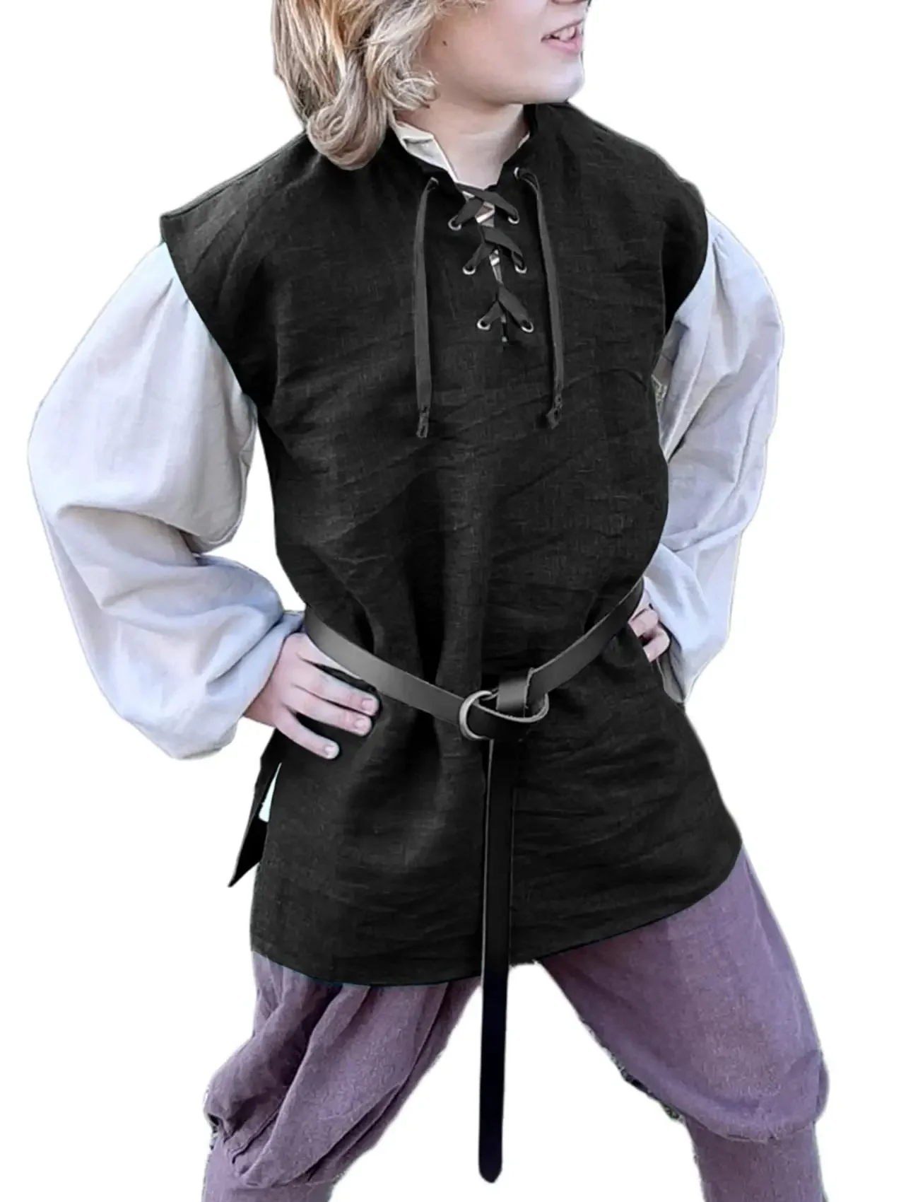 

Children Pirate Viking Tops Renaissance Sleeveless Lace Up Tunic Medieval Cosplay Costume for Kid