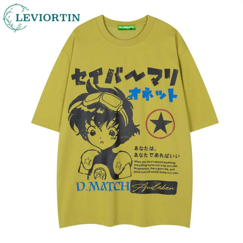 Men and women summer loose casual couple half sleeve top American retro anime girl print youth popular short sleeve T-shirt