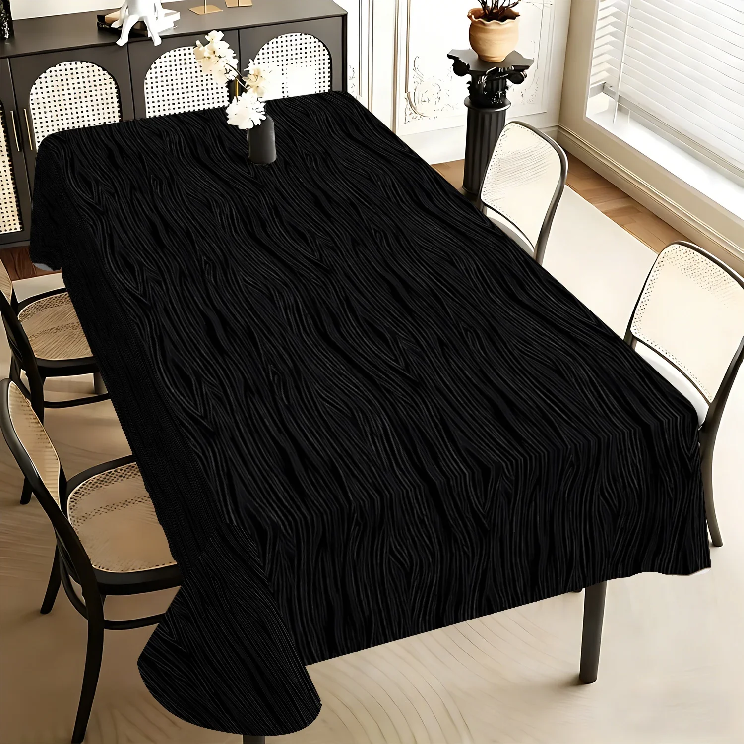 One black vertical-striped printed tablecloth, with a simple and modern design, and two-dimensional high-definition printing.