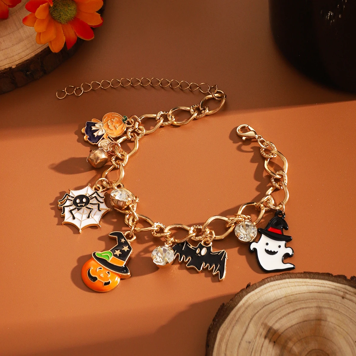 Halloween Funny Pumpkin Ghost Bracelet For Women Black Bat Spider Web Hat Metal Chain Bangles Hip Hop Punk Festival Jewelry Gift