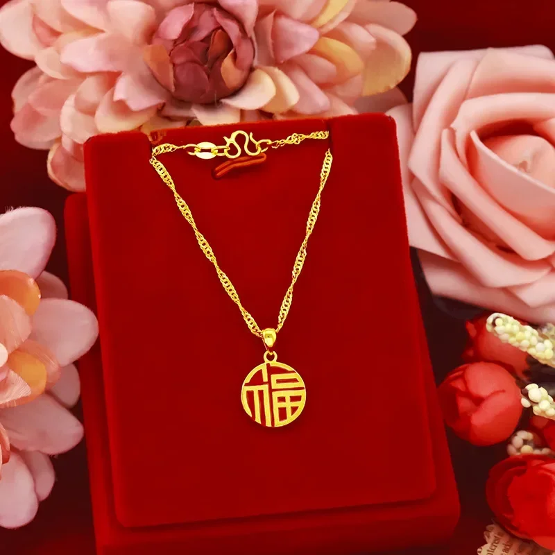 

24K Yellow Gold Fuzi Necklace Female, Real Gold Elegant Clavicle Necklace Luxury Charm for Lady Trendy Delicate Earrings Gift