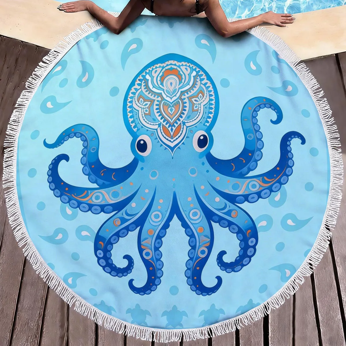 Octopus Turtle Round Tassel Beach Towel Microfiber Quick Dry Absorbent 1.8m Mat for Yoga Meditation Travel Portable Singing Bowl