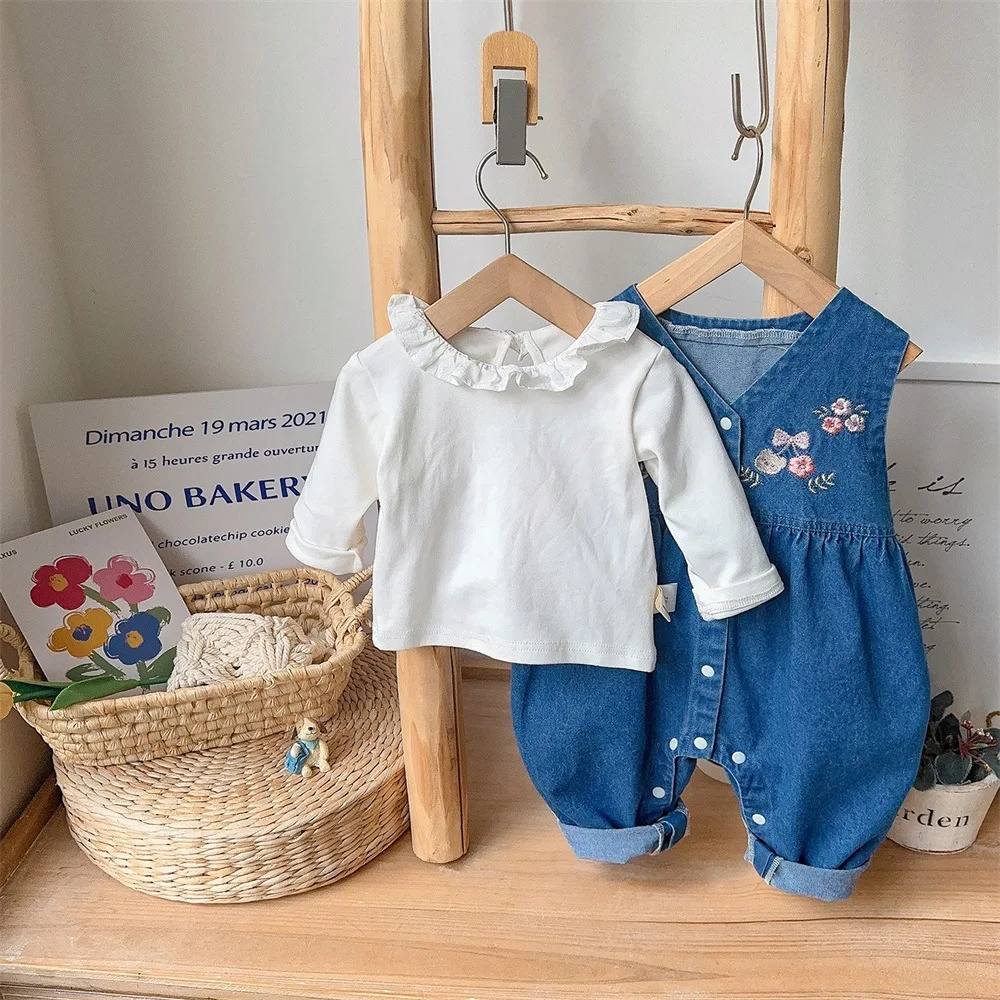 2024 spring new in kids baby girls cute clothing set 2pcs infant solid color ruched top shirts+embroidery flower overalls romper