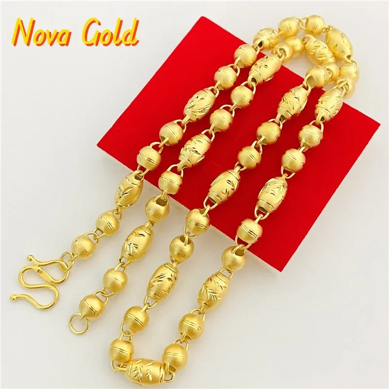 NovaGlod 9999 24K real gold hollow carving phoenix pattern olive beads necklace for men and women matte gold chain