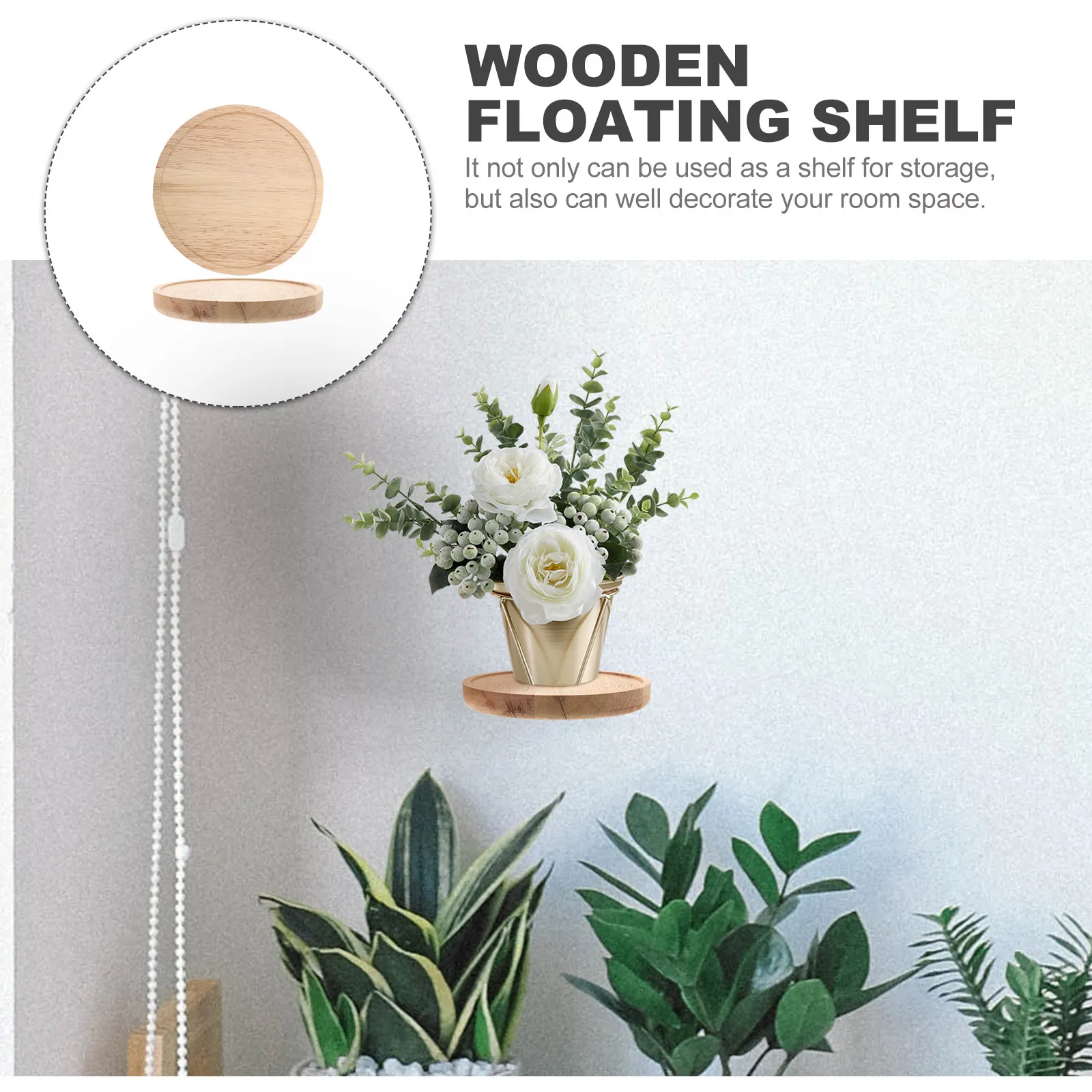 2Pcs Wooden Round Floating Shelf Thickened Wall Mounted Storage Rack Bathroom Bedroom Kitchen Living Room Decor Display Holder