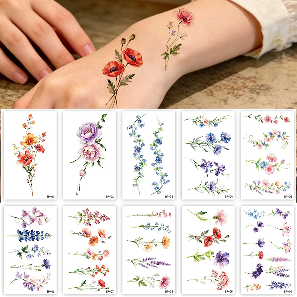 10pcs Flower Rose Temporary Tattoos Waterproof Floral Hand Tattoo Lavender Daisies Tattoo Stickers Fake Tattoo for Women