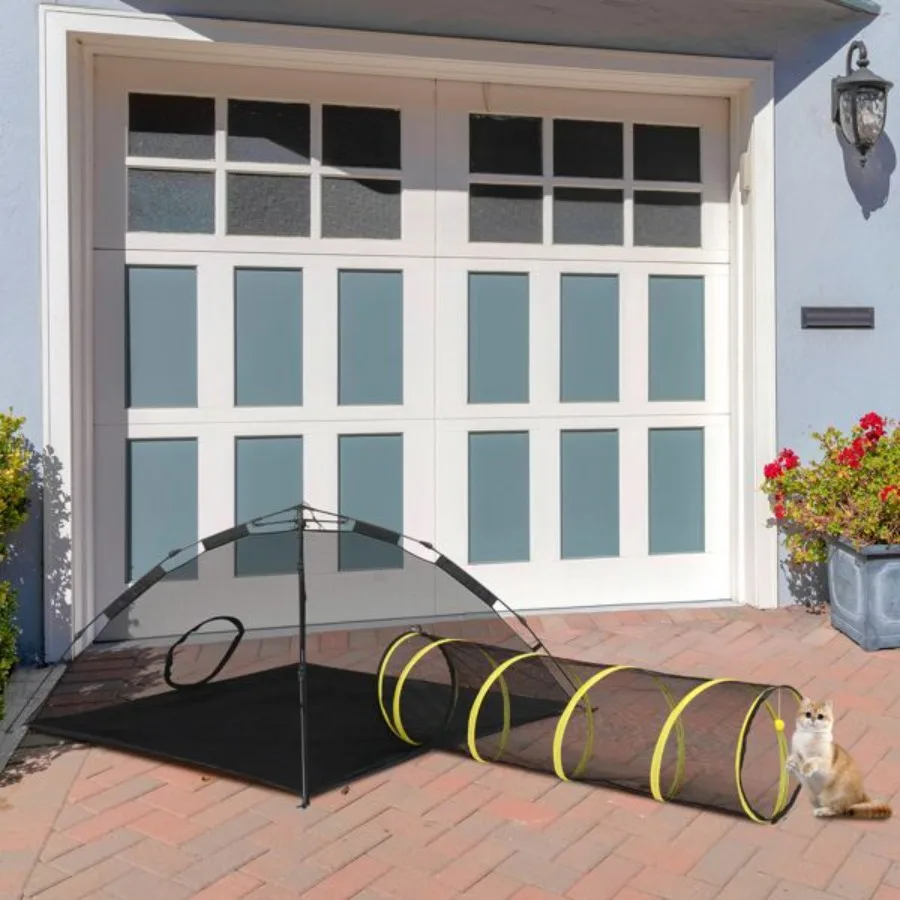 Outdoor kattenspeeltent met tunnel Draagbaar kattenspeelhuisje voor binnen en buiten Kattenbox Ingesloten voor katten Konijnen en kleine Ani