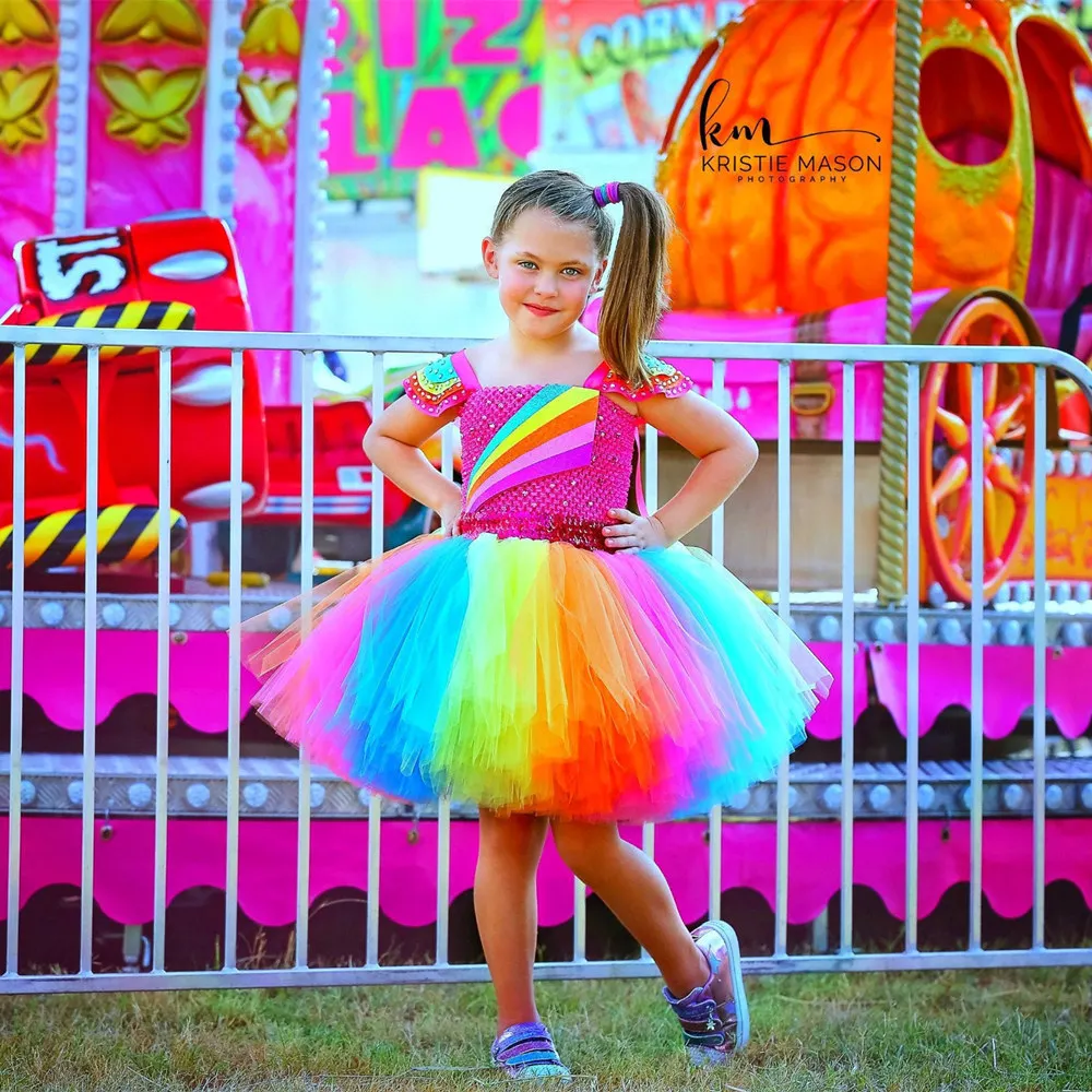 Halloween Children Rainbow Tutu Tulle Dress Baby Girls Multi Color Mesh Outfit Bow Decor With Head Accessory Birthday Stage Wear