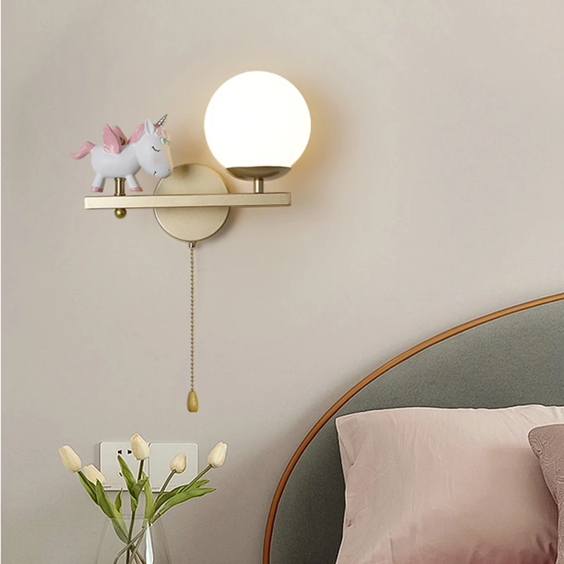 Cartoon Unicorn Wall Lamps Gold ON/OFF Zipper Switch Pink Horse Children's Room Bedroom Bedside Light Baby Girl Rabbit Wall Lamp