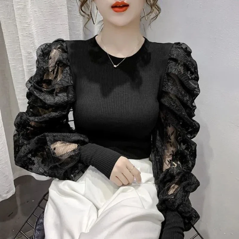Korean Lace Patchwork Slim T Shirts Spring New Long Sleeve Solid Color Elegant Tops Tees Temperament Vintage Women Clothing