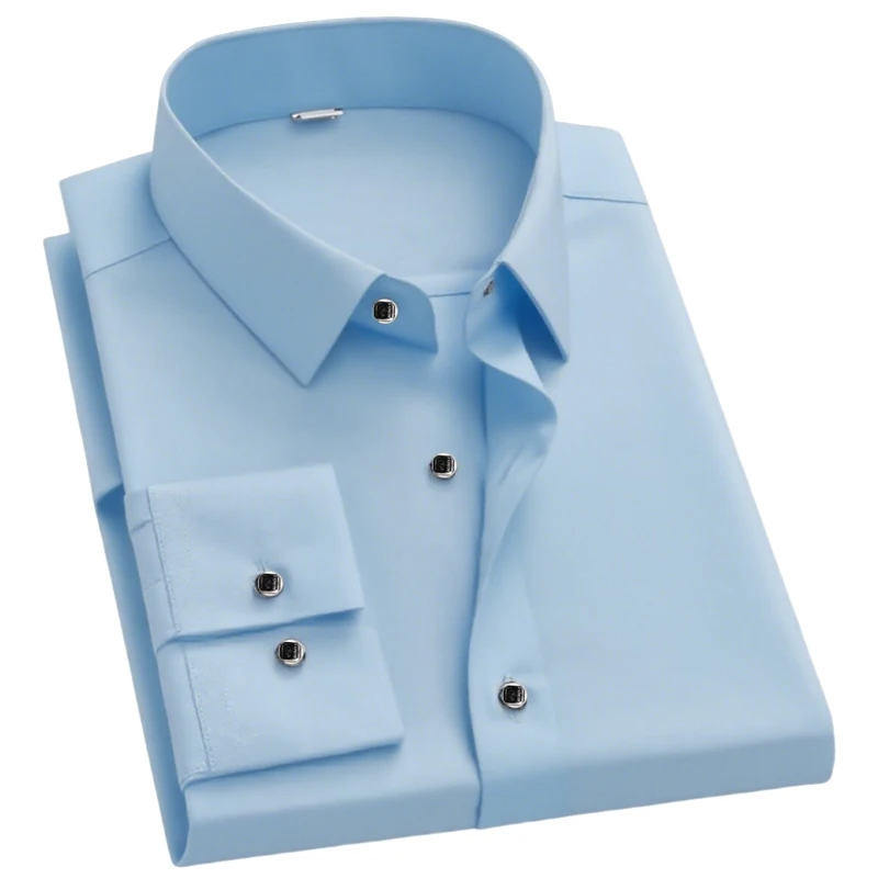 

Men's Solid Blue Long-sleeve Dress Shirt with Breathable Button-down Collar, Perfect for High-profile Business Events