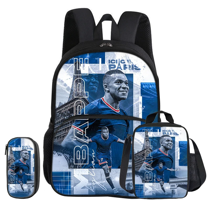 M-Mbappe 3 Pcs set with Front Pocket Backpack Sports with Thermal Insulated Lunch Tote Purse Football Star Pencil Case Kids Gift