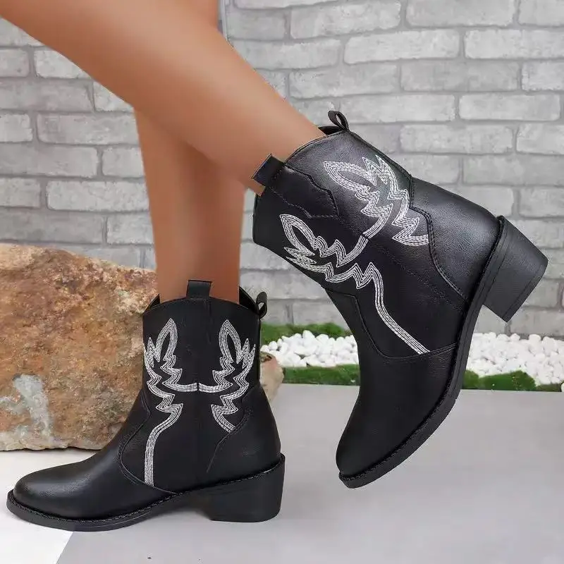 

WOMEN Boots Mujer Pu Leather Cowboy Booties Women's Wedge High Heel Boots Printed Western Girl Cowboy Boots Stylish and Simple