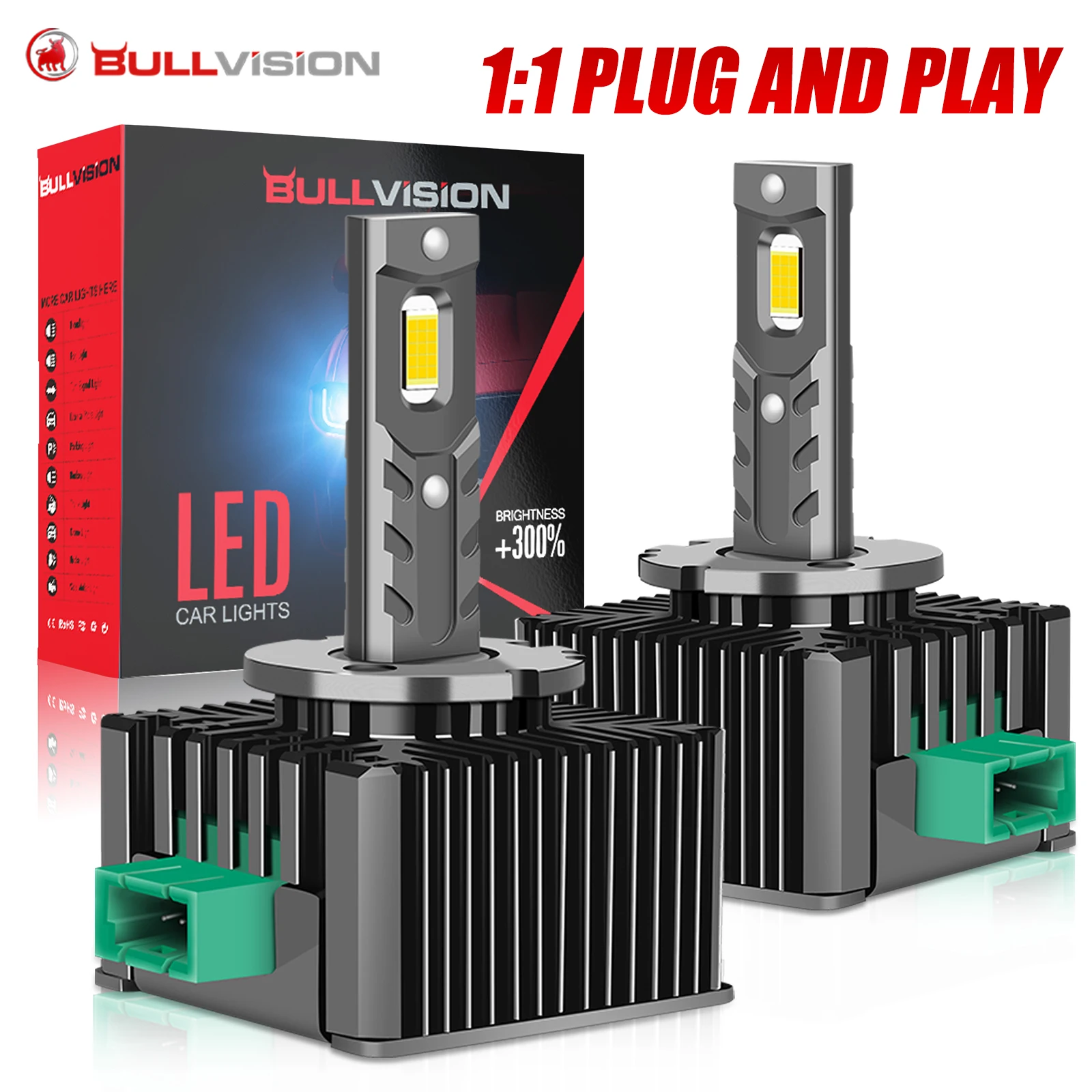 Bullvision D3S D1S LED Headlights HID D2S D4S D5S D8S D1R D2R D3R Turbo LED 30000LM Two-sided CSP Chip 6500K 4300K 90W Plug&Play