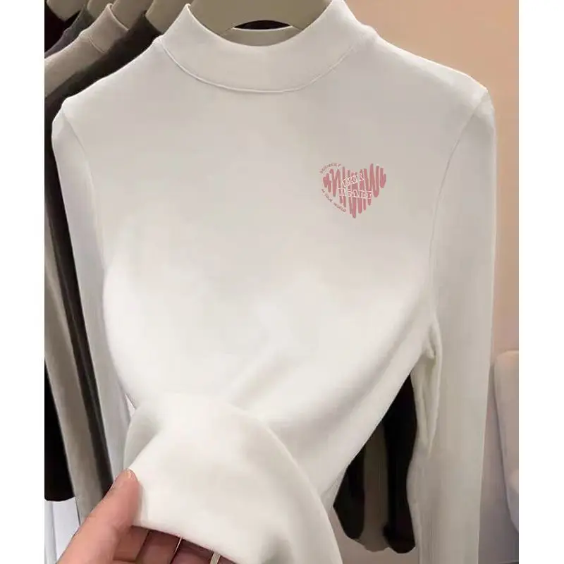 Double-Sided Velvet Long Sleeve T-Shirt Women's Autumn Winter Fashion Inner Wear Fleece Brushed Small Stand Collar Slim Fit Top