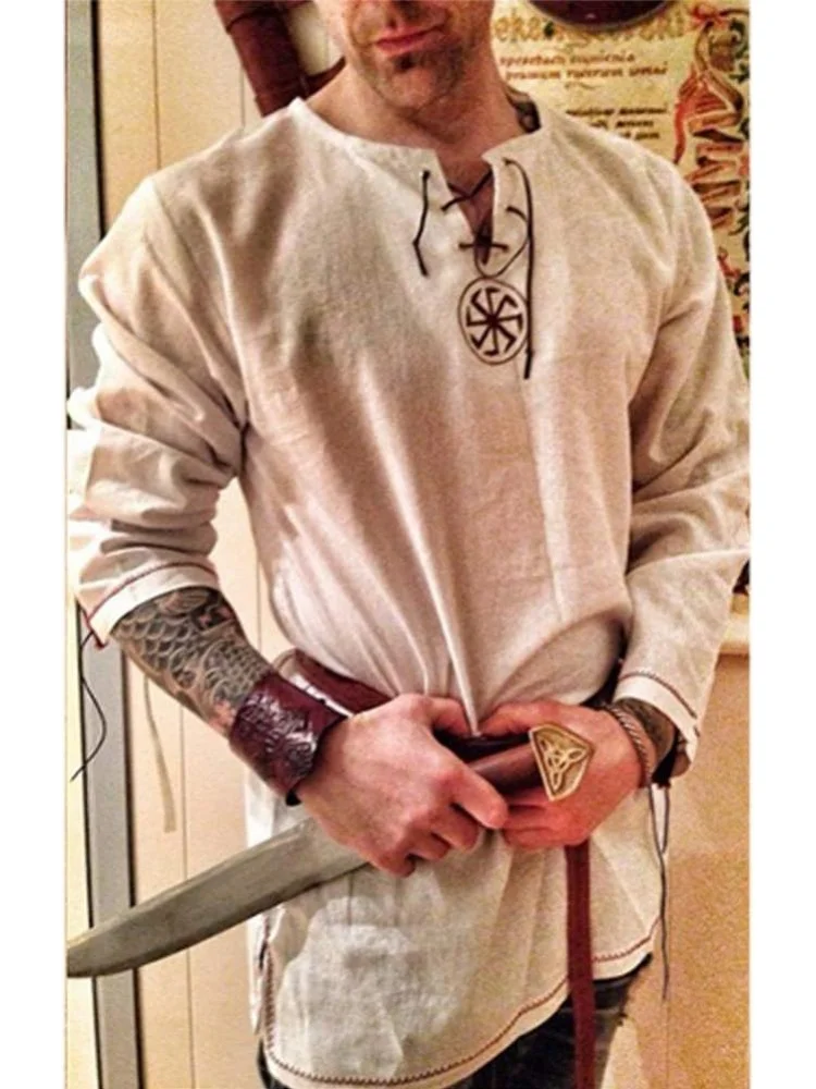 Men's Fashion Cotton Linen Shirt Long Sleeve Solid Color Ethnic Beach Yoga Top, Medieval Victorian Style With Breastplate