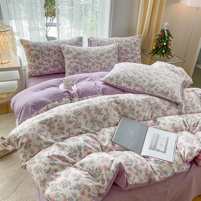 3/4PCS Cartoon Heart-shaped Plant Floral Print Set, A Duvet Cover and A Pair of Pillowcases (no Padding), Suitable for Bedroom
