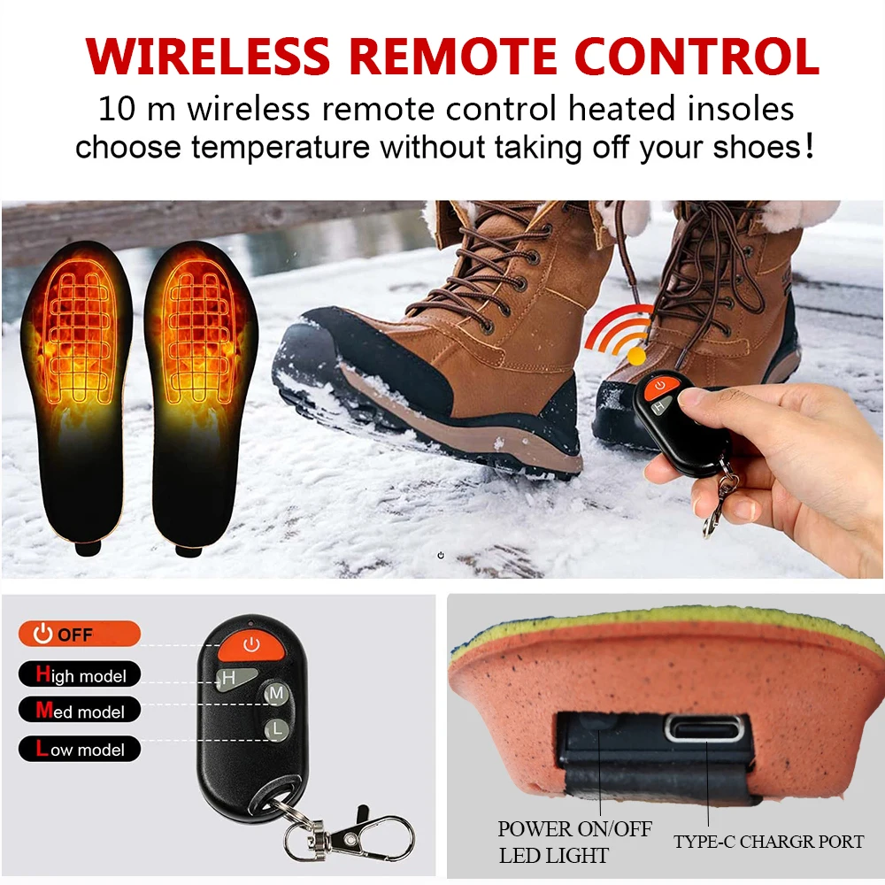 

Remote Control Three Temperature Settings Heated Insoles for Running Hiking Fishing Skilling