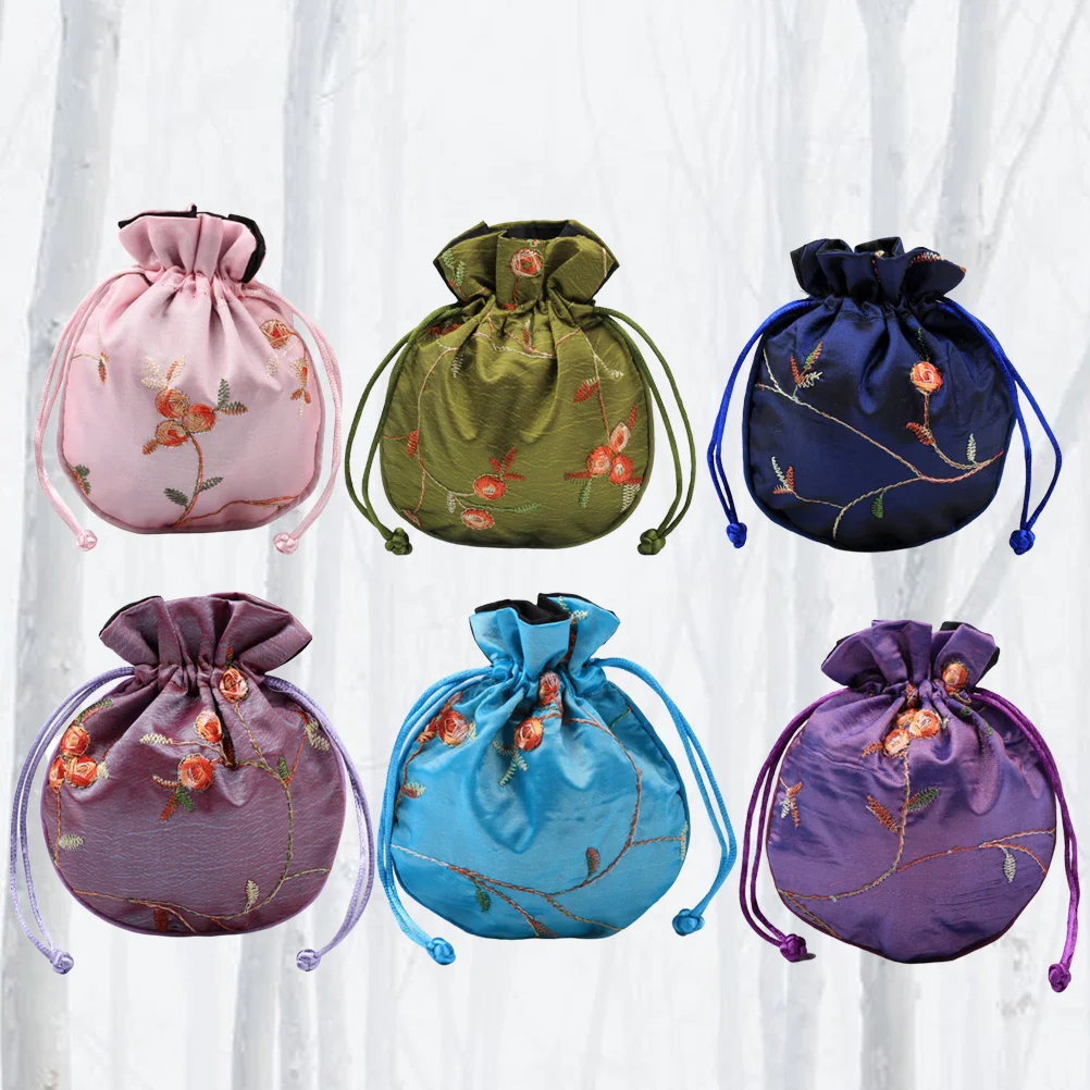 

6 pcs Chinese Style Vintage Tips Holder Bag Mixed Color Fillet Fruit Design Jewelry Storage Pouch For Wedding Party Travel