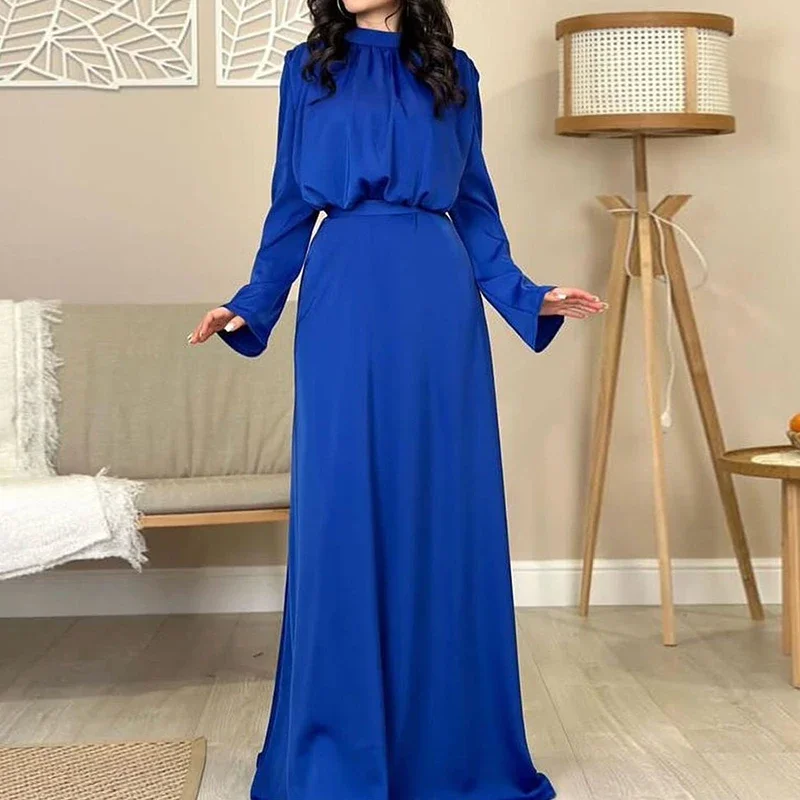 Half High Neck Long Sleeve Dress Spring Elegant High Waist Draped Long Dress Women Summer Casual Solid Party Dress