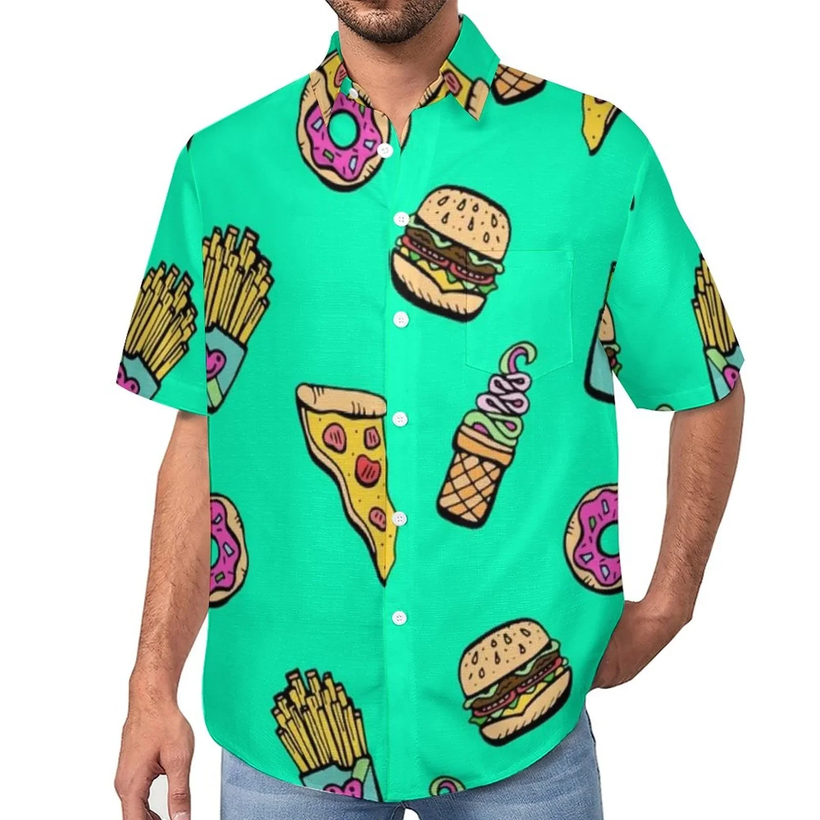 

Hawaiian Ice Cream Cartoon Pattern Loose Shirt Summer Harajuku Men's Beach Casual Customized Short Sleeve Street Wear