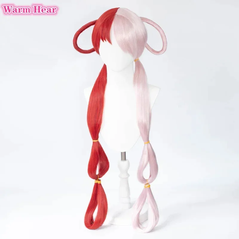 Wig Wanita Pesta Halloween Rambut Sintetis Panjang Merah Muda Merah Cosplay Tahan Panas Alat Peraga Headphone Uta + Topi Wig Ir;l5